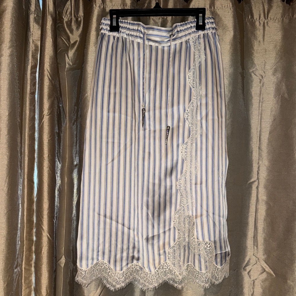 The Kooples Blue and White Striped Midi Skirt with Lace